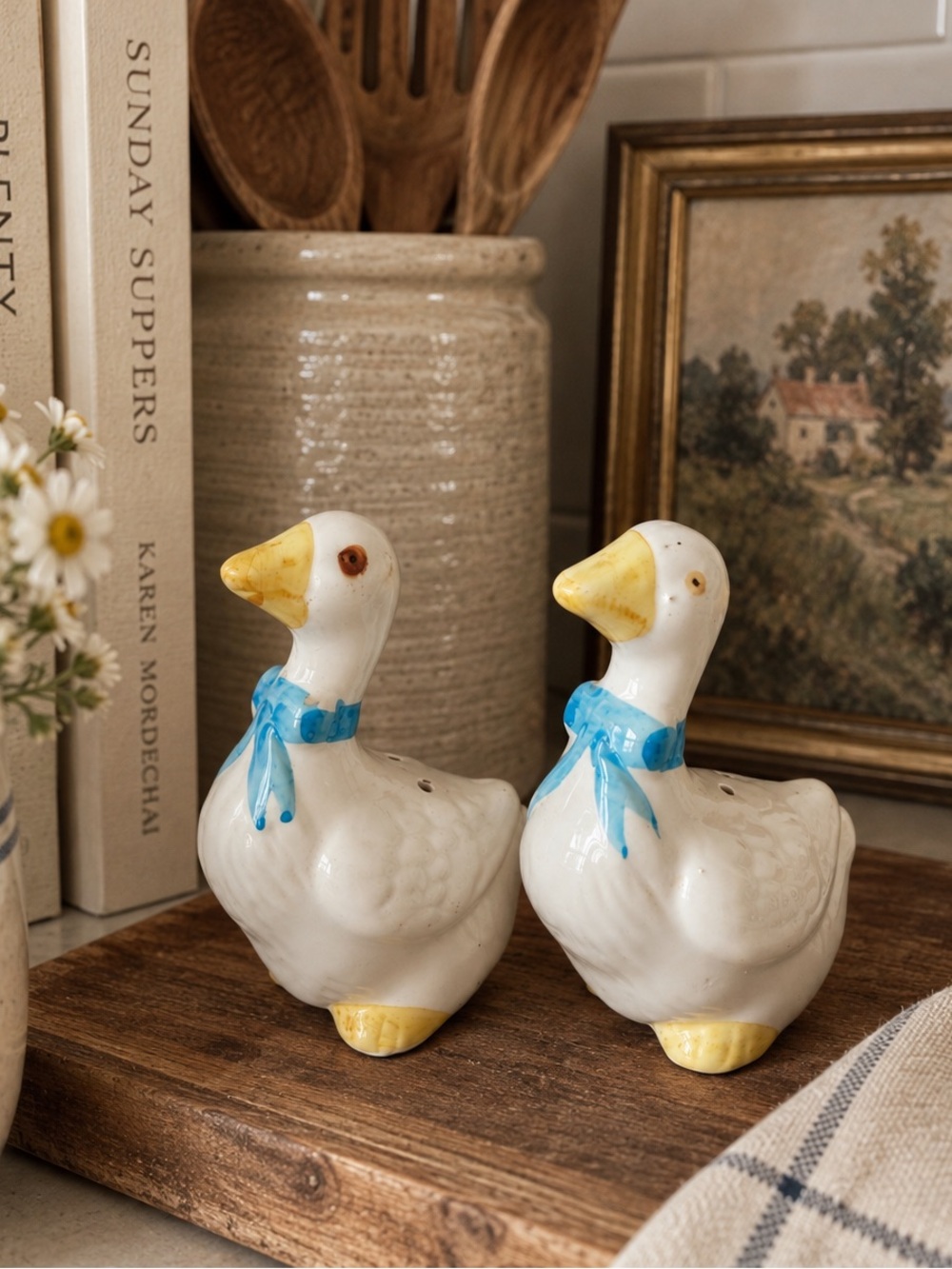 Vintage Goose Salt & Pepper Shakers Ceramic Blue Bow Geese Cottagecore Kitchen